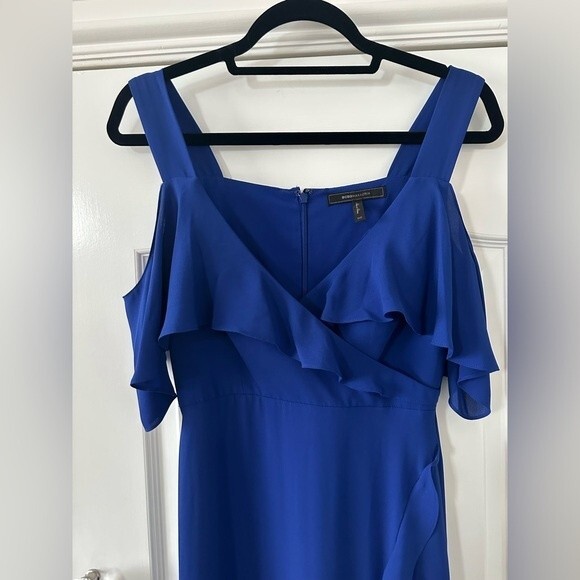 BCBGMaxAzria Dresses & Skirts - BCBGMaxazria Royal Blue Ruffle Shoulder Gown Size 2